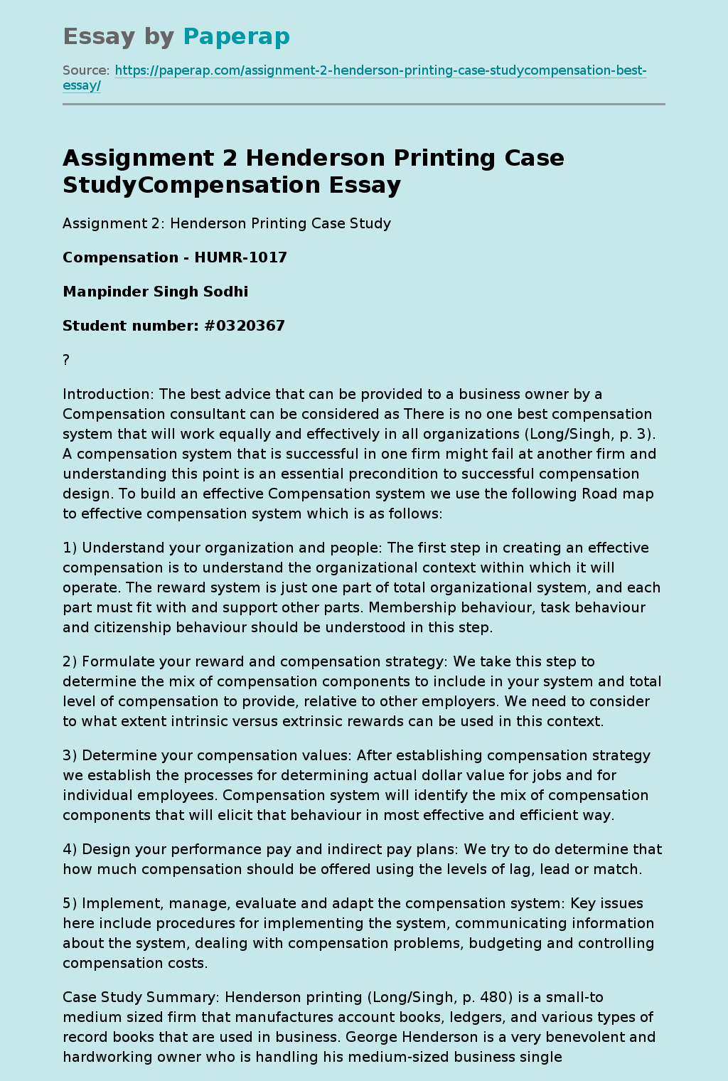 Assignment 2 Henderson Printing Case StudyCompensation