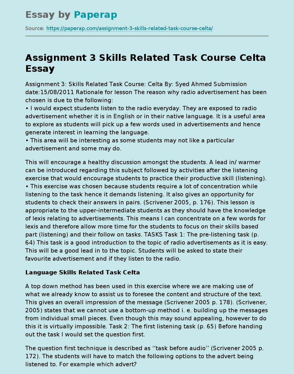 Assignment 3 Skills Related Task Course Celta