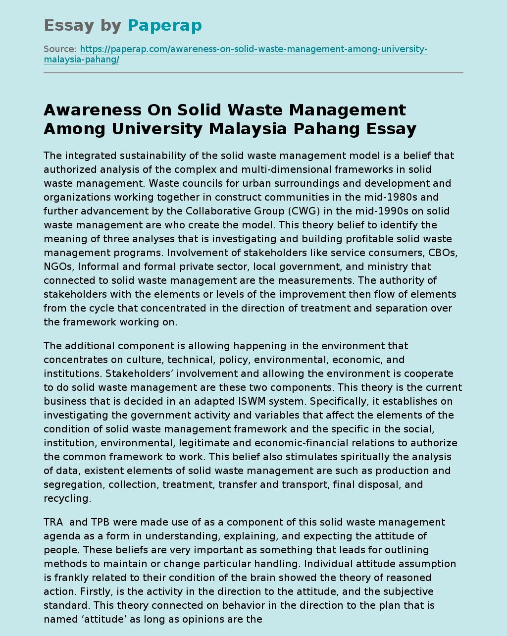 Awareness On Solid Waste Management Among University Malaysia Pahang