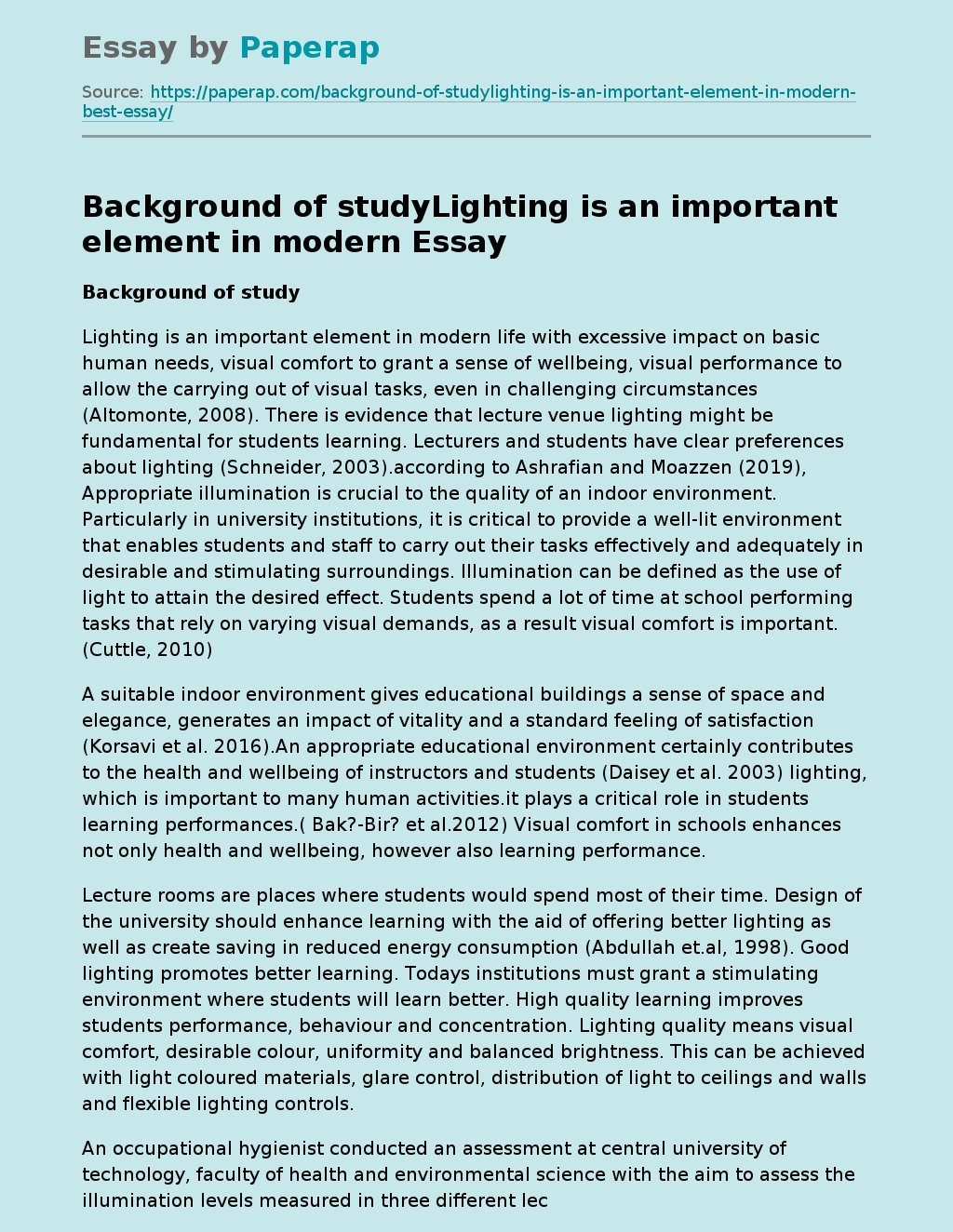 Background of studyLighting is an important element in modern