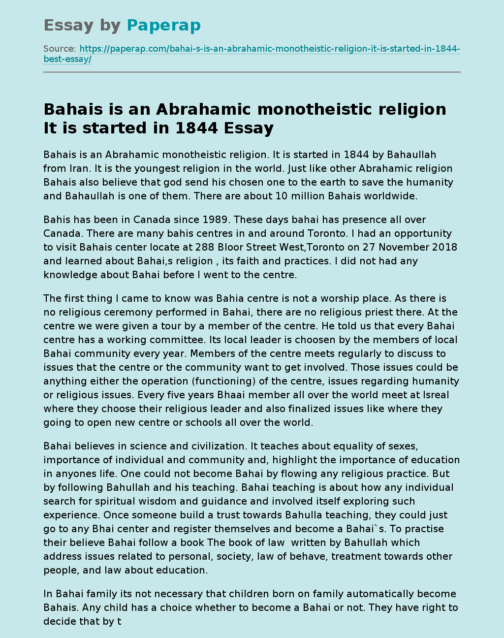 Bahais Is an Abrahamic Monotheistic Religion