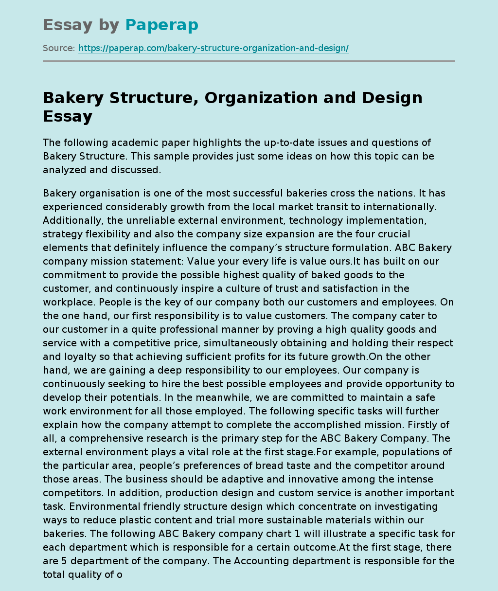 Bakery Structure, Organization and Design