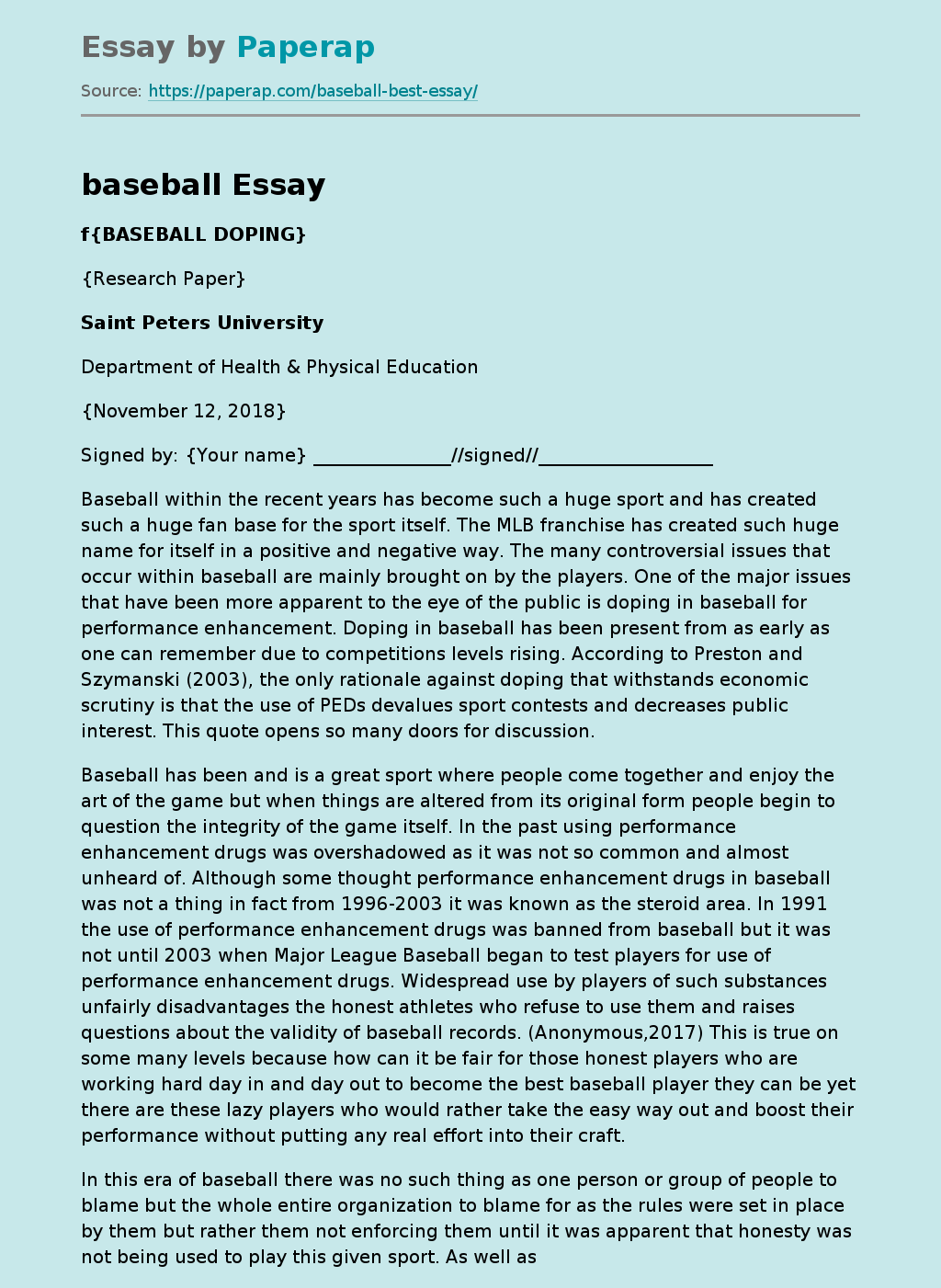 essay about baseball game