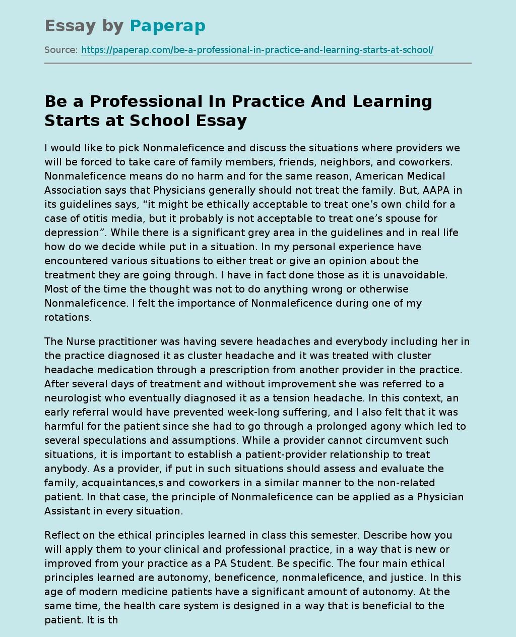 Be a Professional In Practice And Learning Starts at School