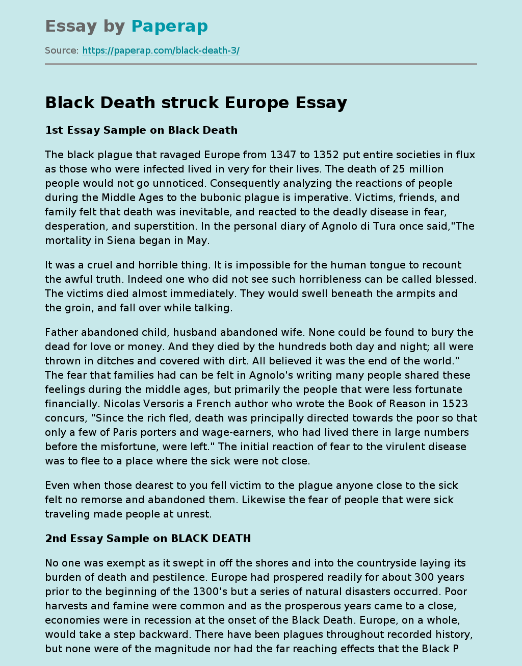 1st Essay Sample on Black Death