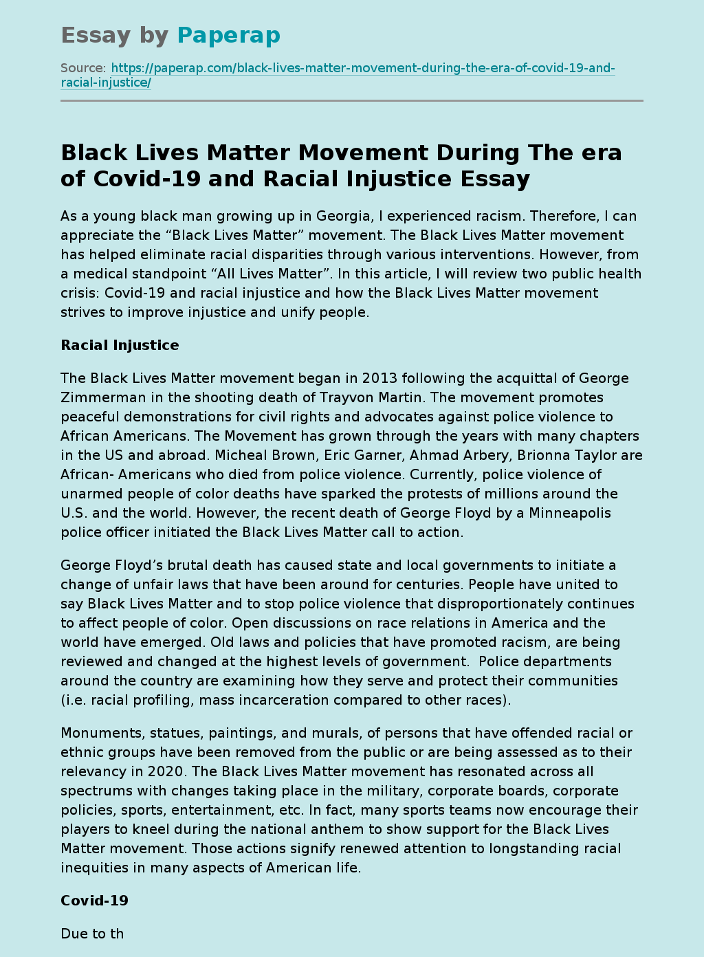 Black Lives Matter Movement During The era of Covid-19 and Racial Injustice