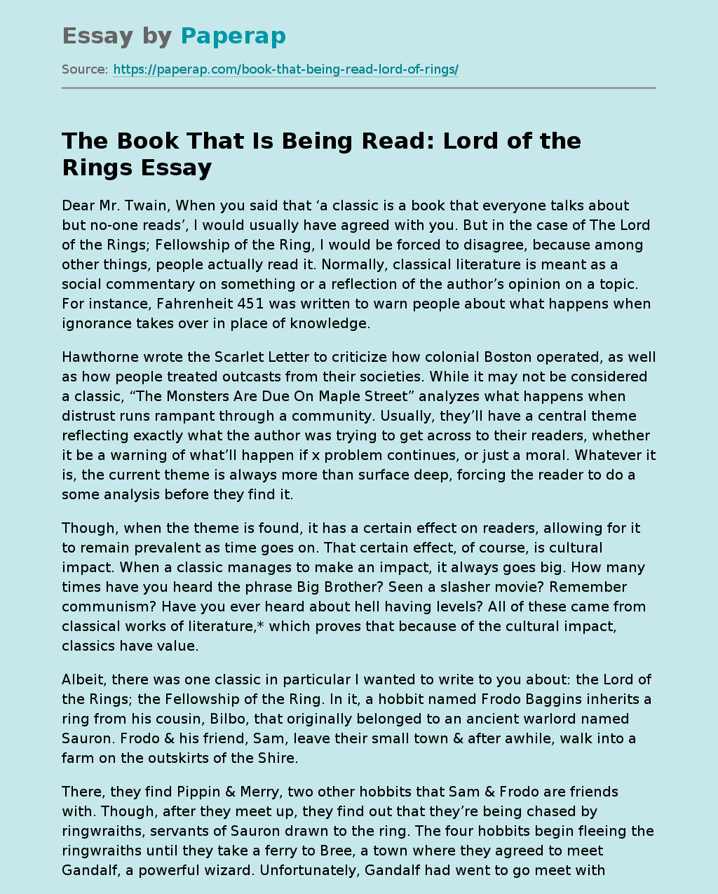 The Book That Is Being Read: Lord of the Rings