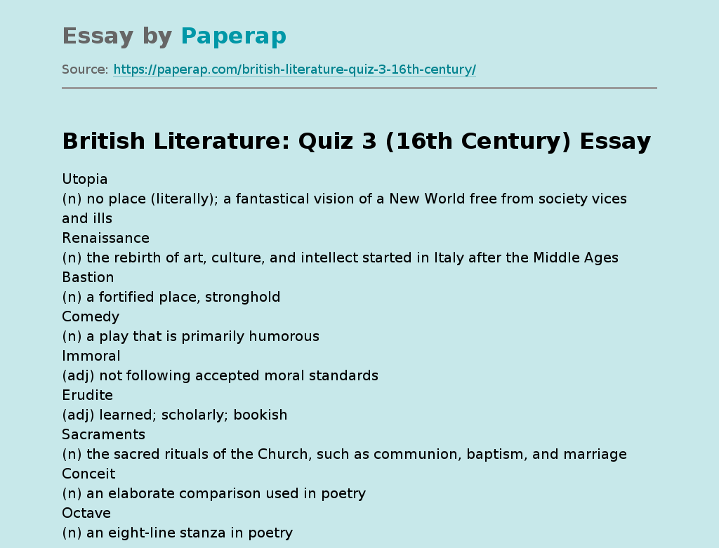 British Literature: Quiz 3 (16th Century)