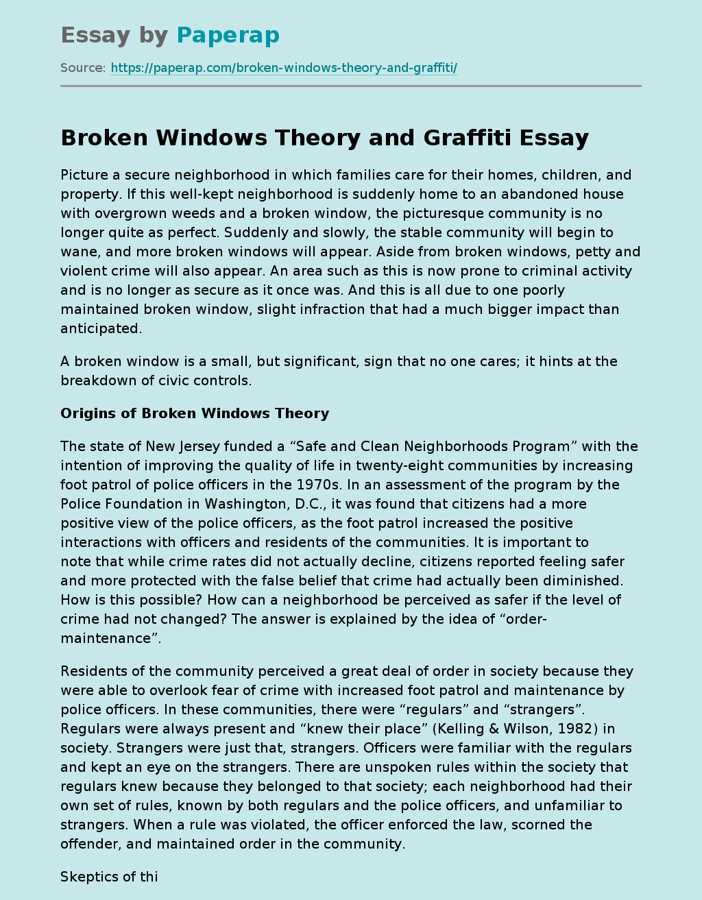 Broken Windows Theory and Graffiti