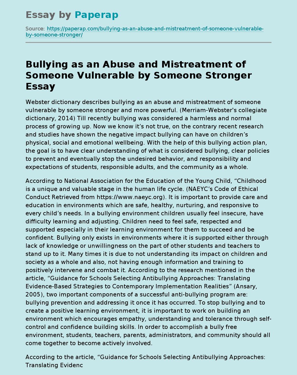 Bullying as an Abuse and Mistreatment of Someone Vulnerable by Someone Stronger