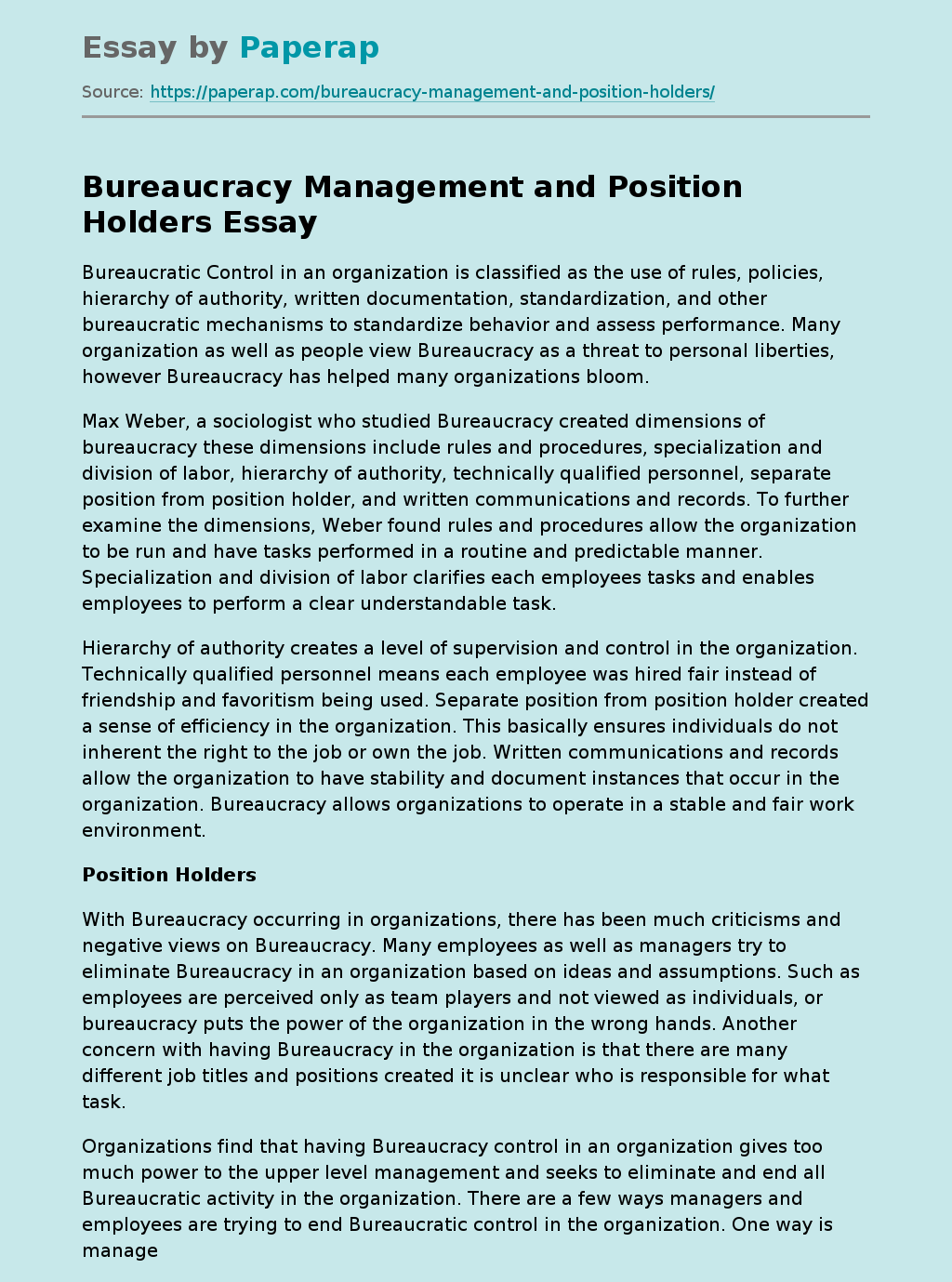 Bureaucracy Management and Position Holders