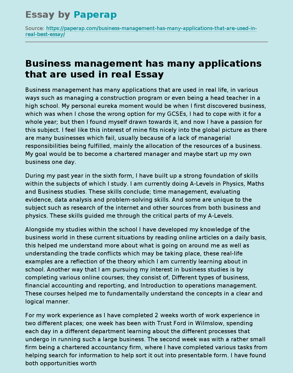 example of a business management essay