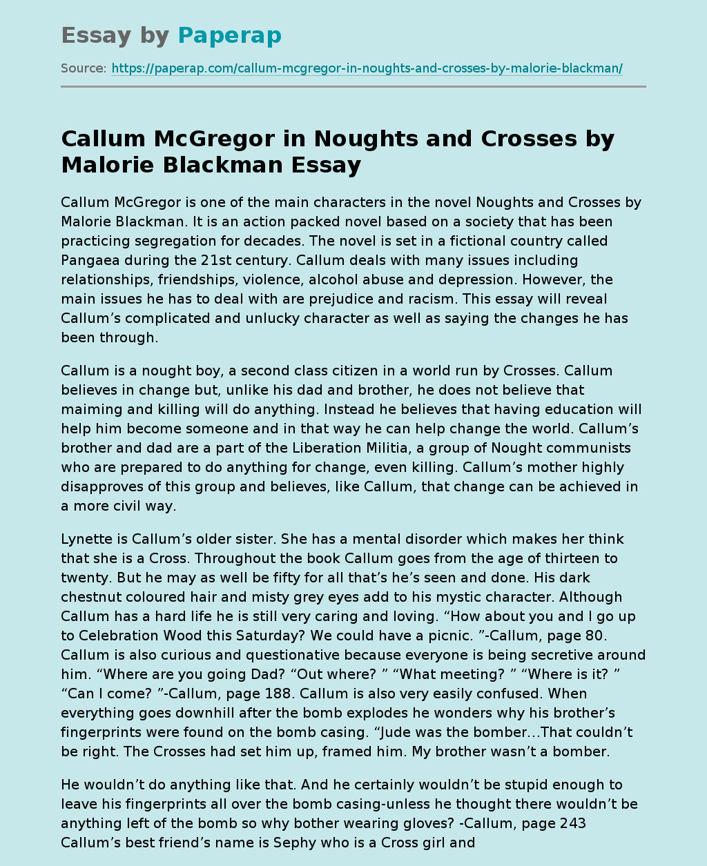 Callum McGregor in Noughts and Crosses by Malorie Blackman