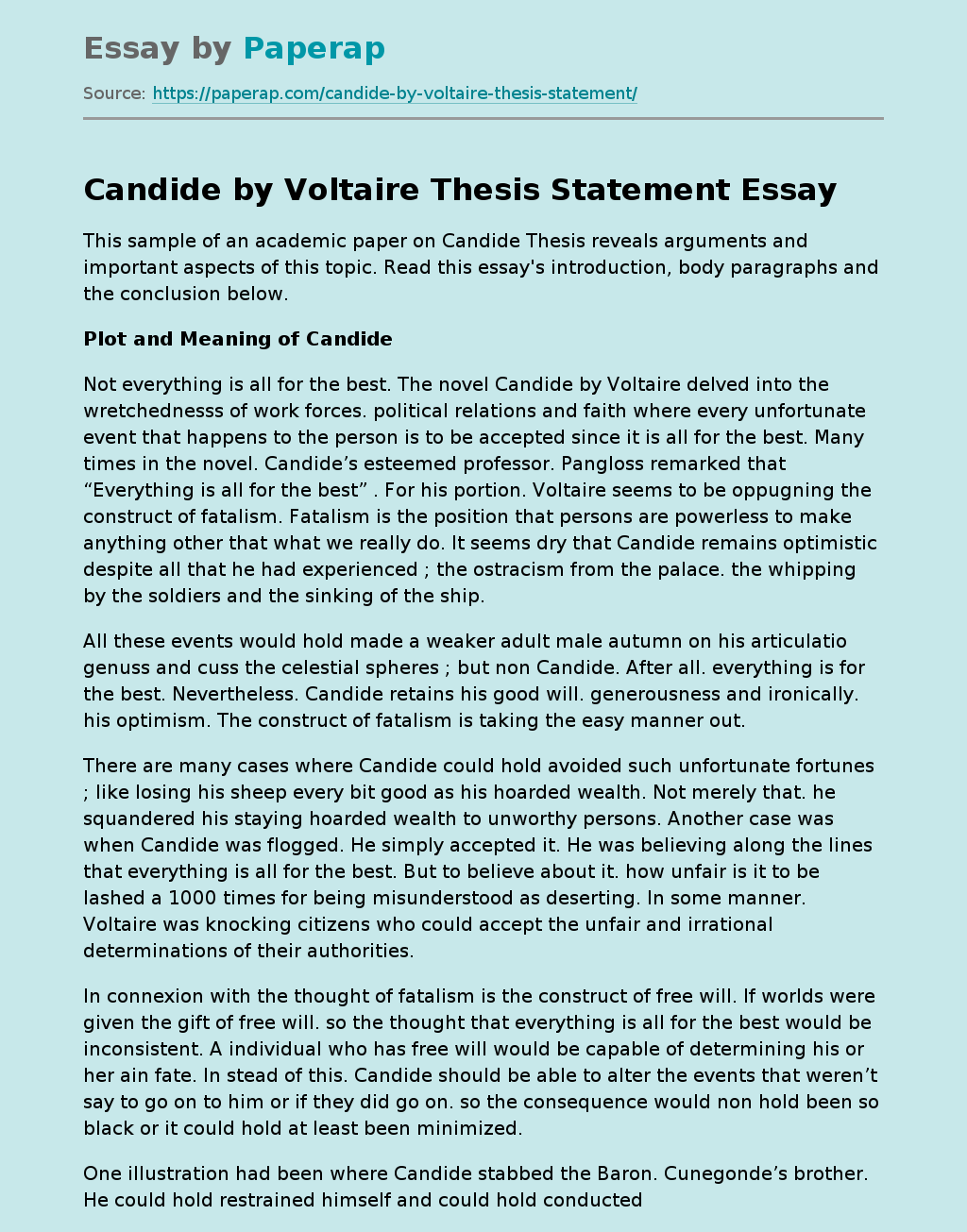 Candide by Voltaire Thesis Statement