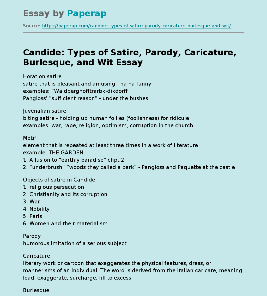 Candide: Types of Satire, Parody, Caricature, Burlesque, and Wit