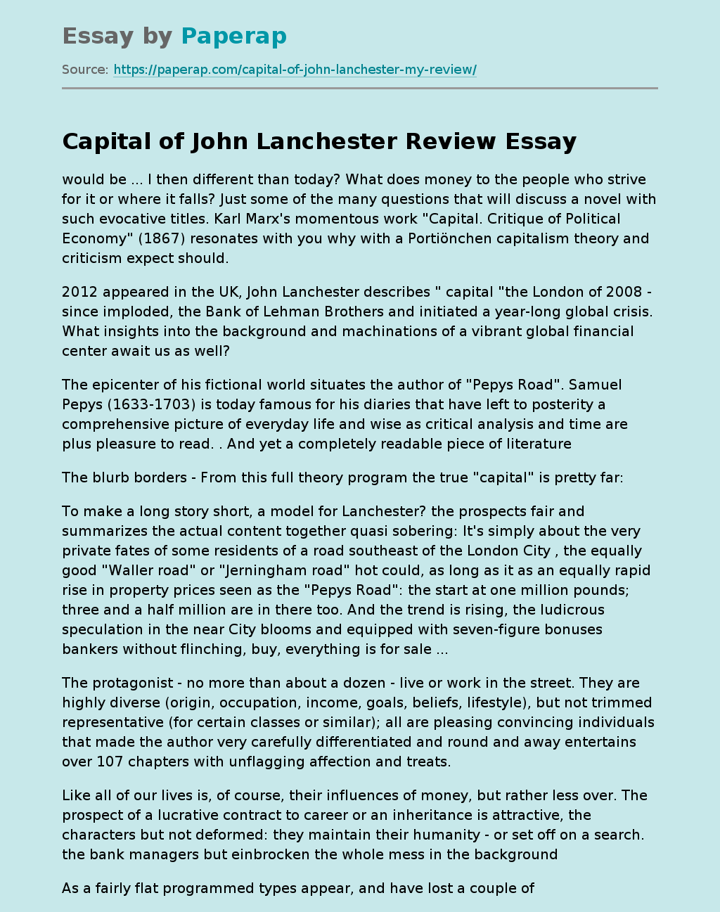 Capital of John Lanchester Review