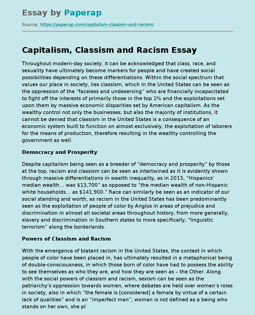 Capitalism, Classism and Racism