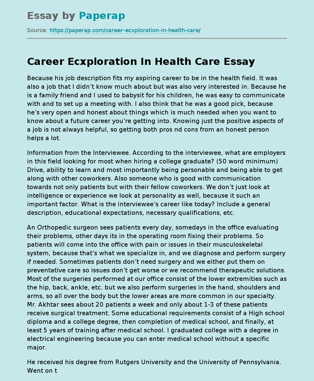 Career Ecxploration In Health Care