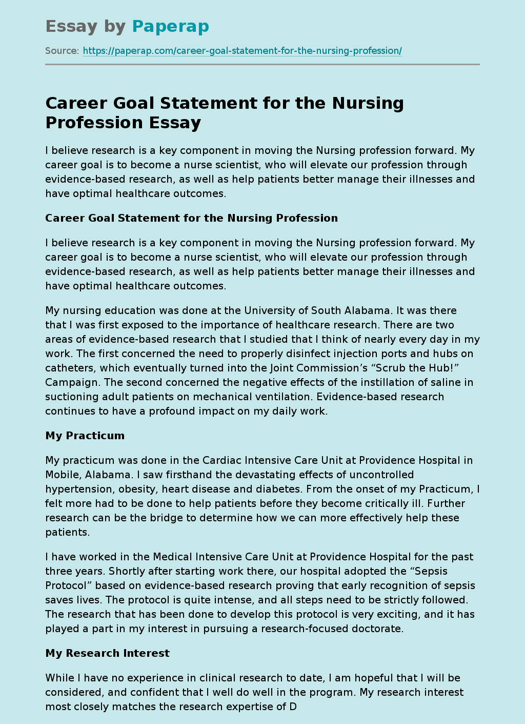 Career Goal Statement for the Nursing Profession