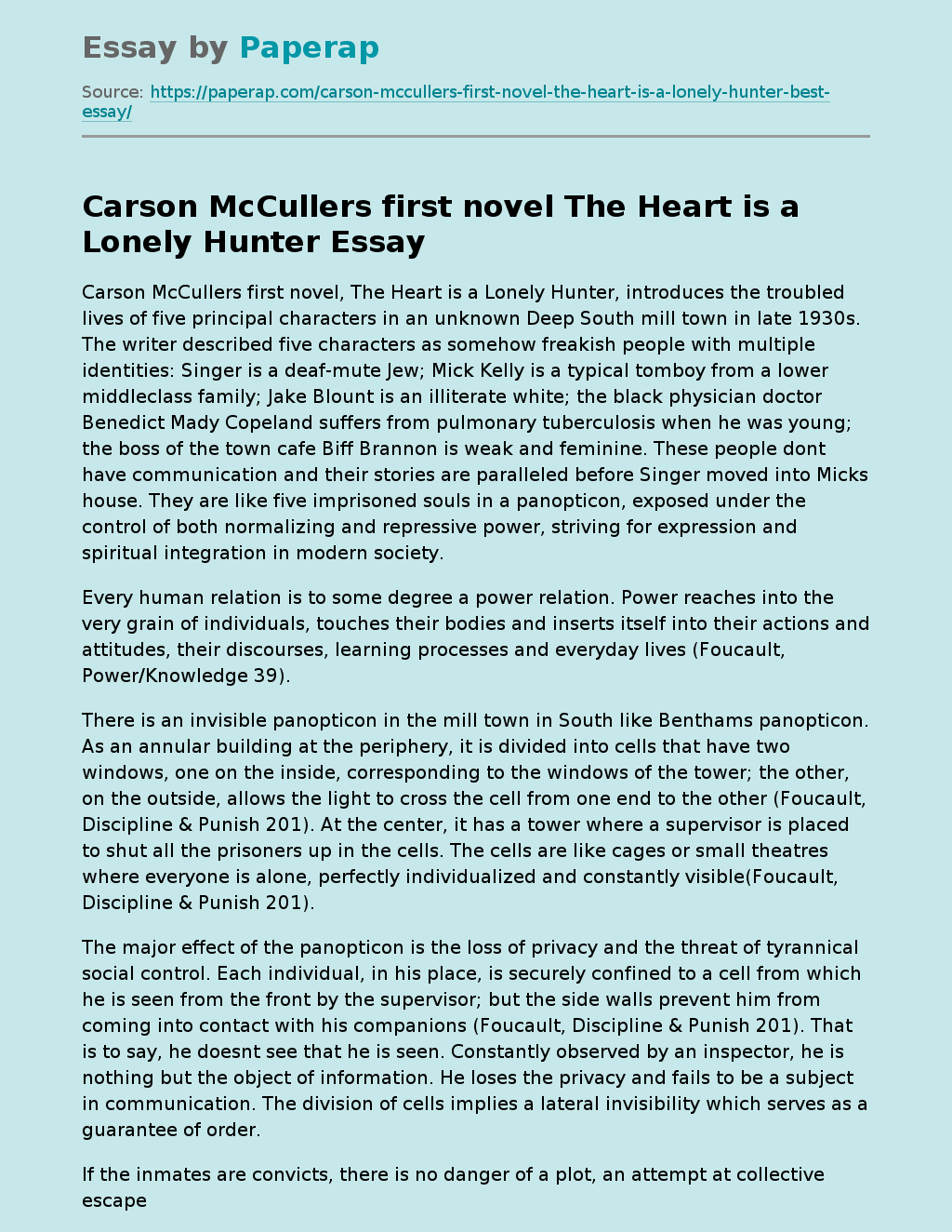 Carson McCullers first novel The Heart is a Lonely Hunter