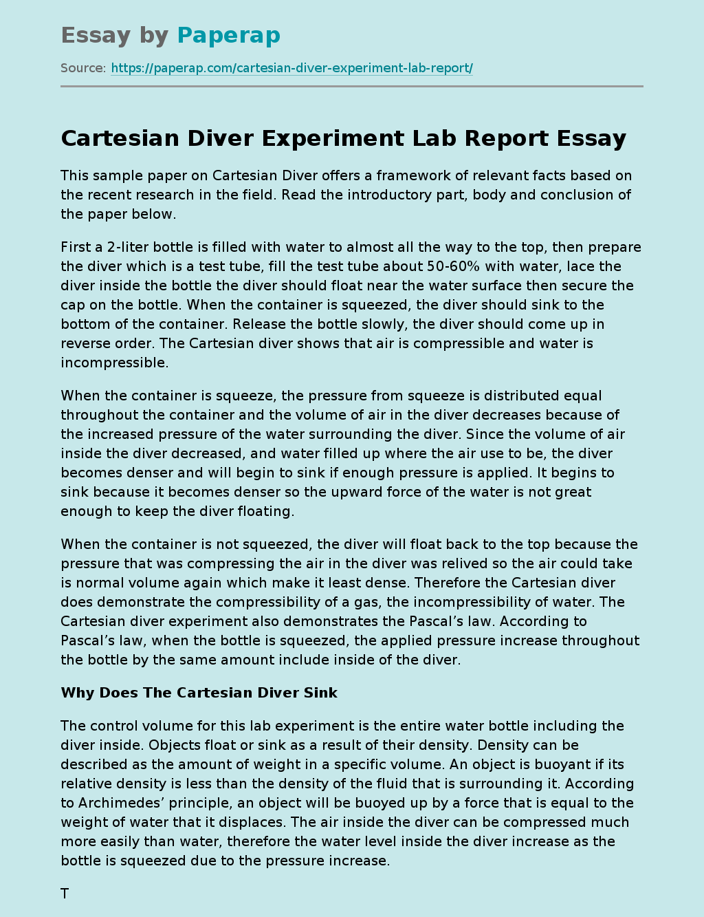 Cartesian Diver Experiment Lab Report