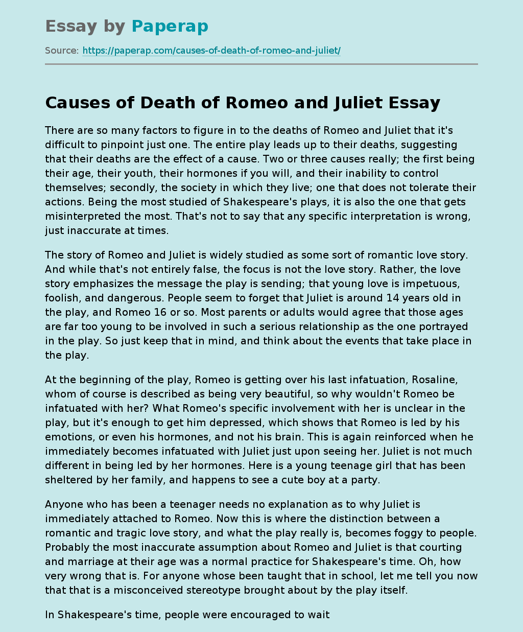 Causes of Death of Romeo and Juliet