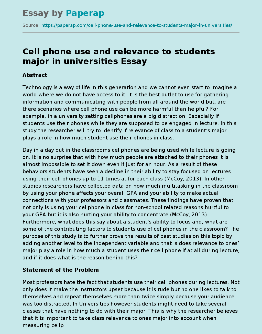 Cell phone use and relevance to students major in universities