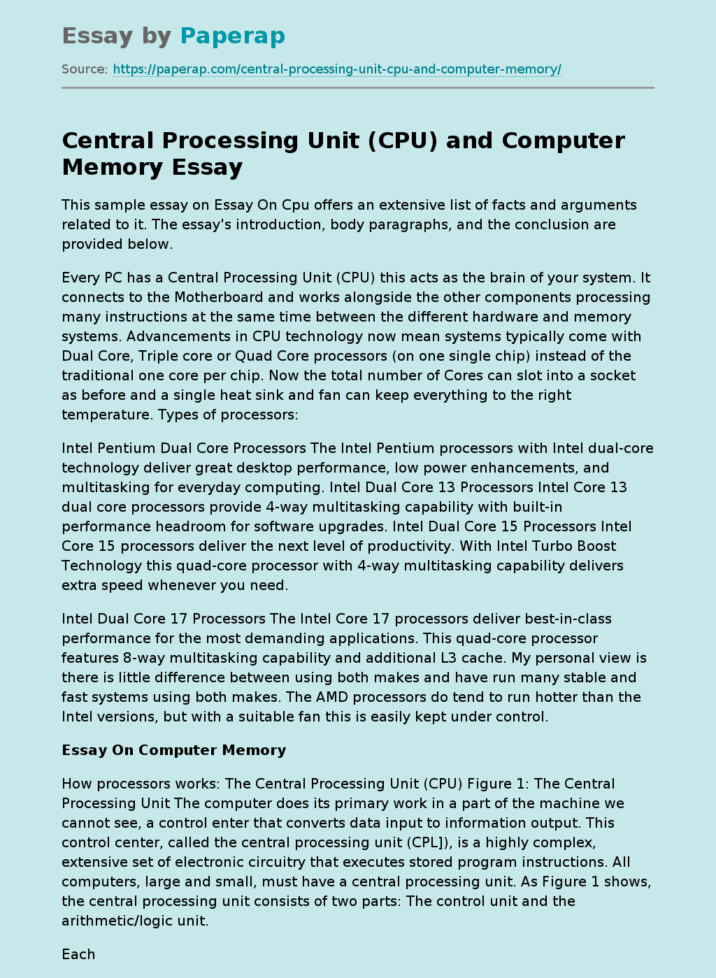 Central Processing Unit (CPU) and Computer Memory