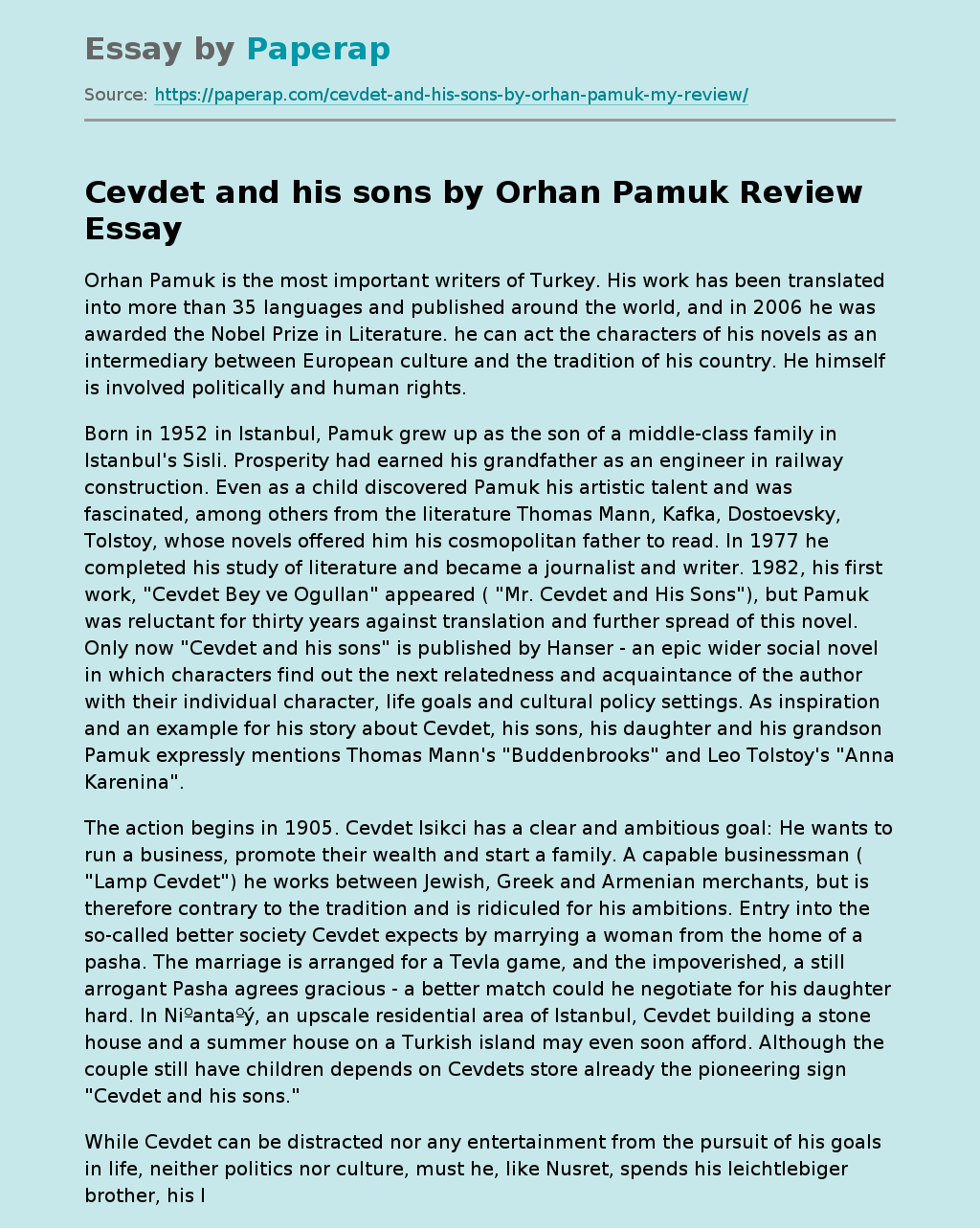 Cevdet and his sons by Orhan Pamuk Review