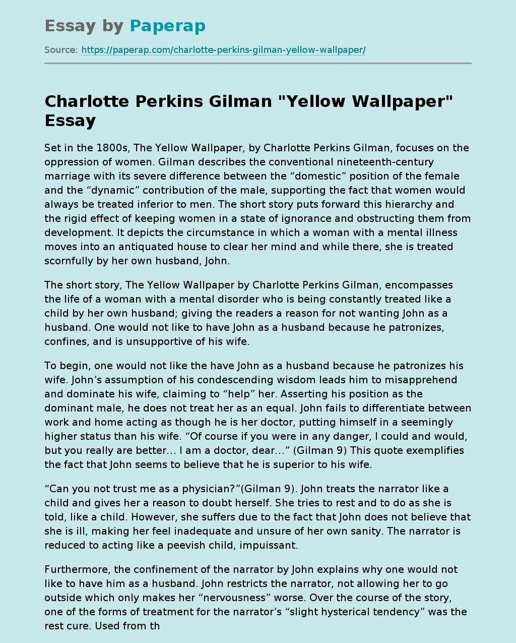 Charlotte Perkins Gilman "Yellow Wallpaper"