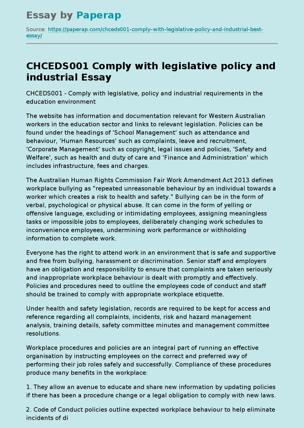 CHCEDS001 Comply with legislative policy and industrial