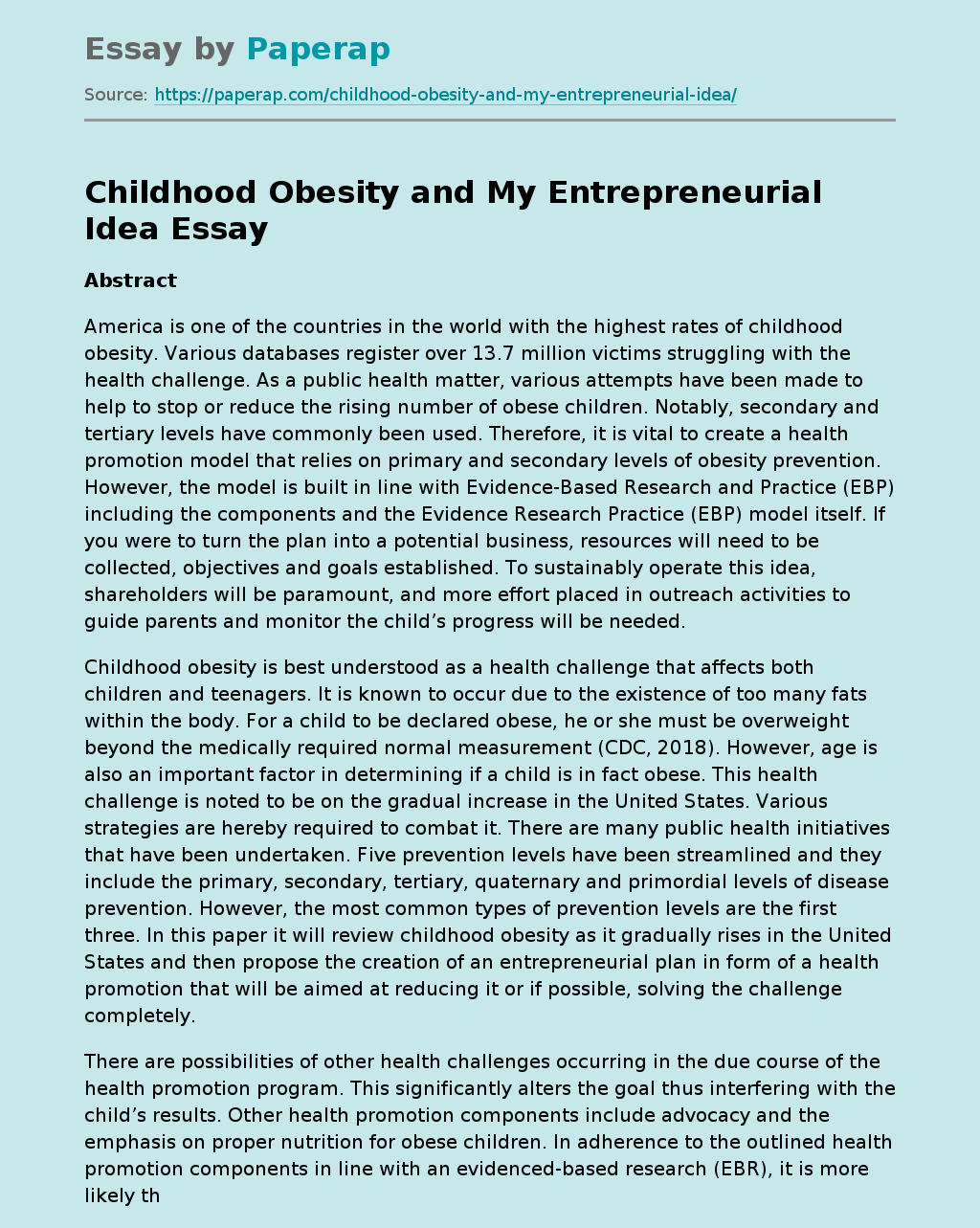 Childhood Obesity and My Entrepreneurial Idea