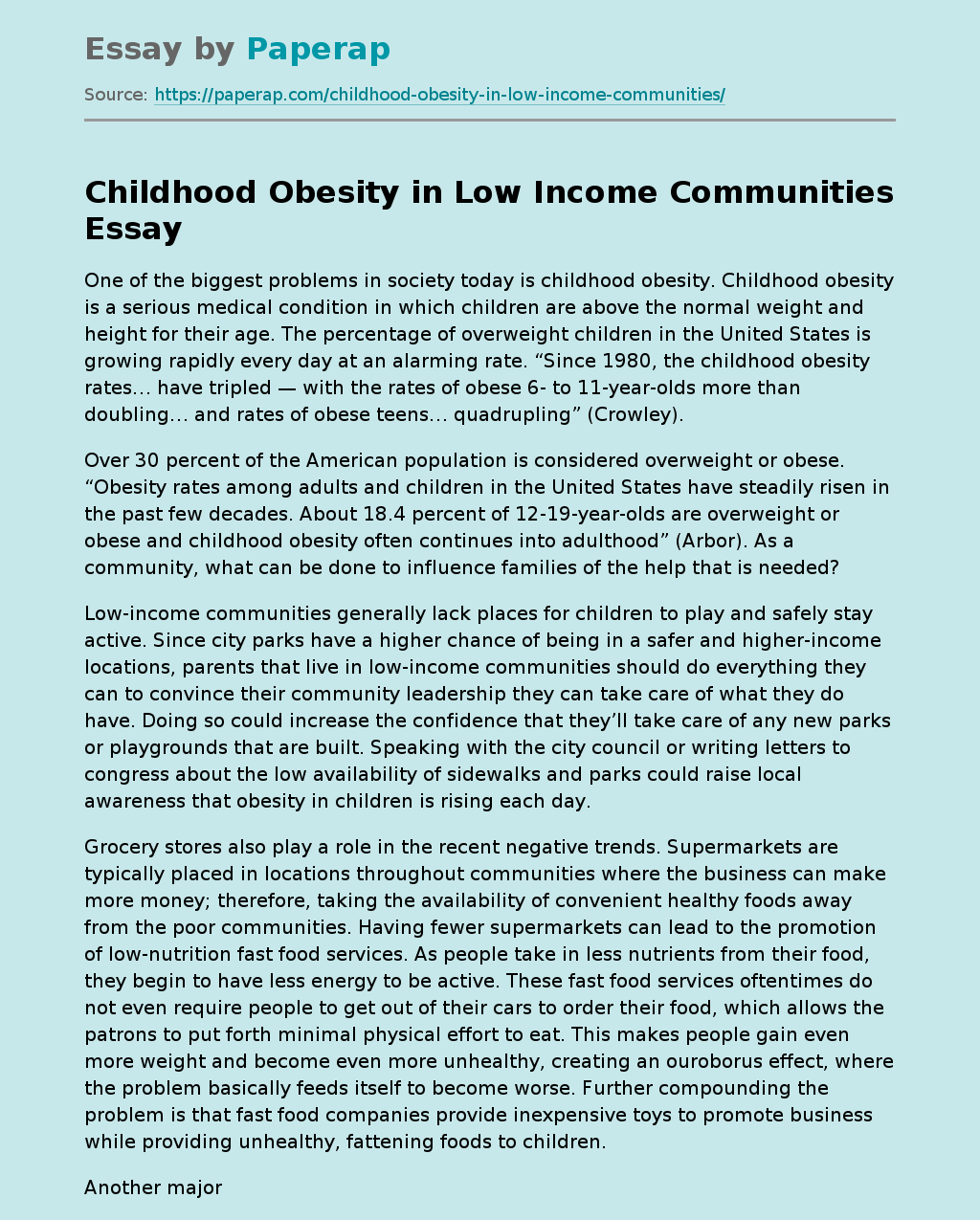 Childhood Obesity in Low Income Communities