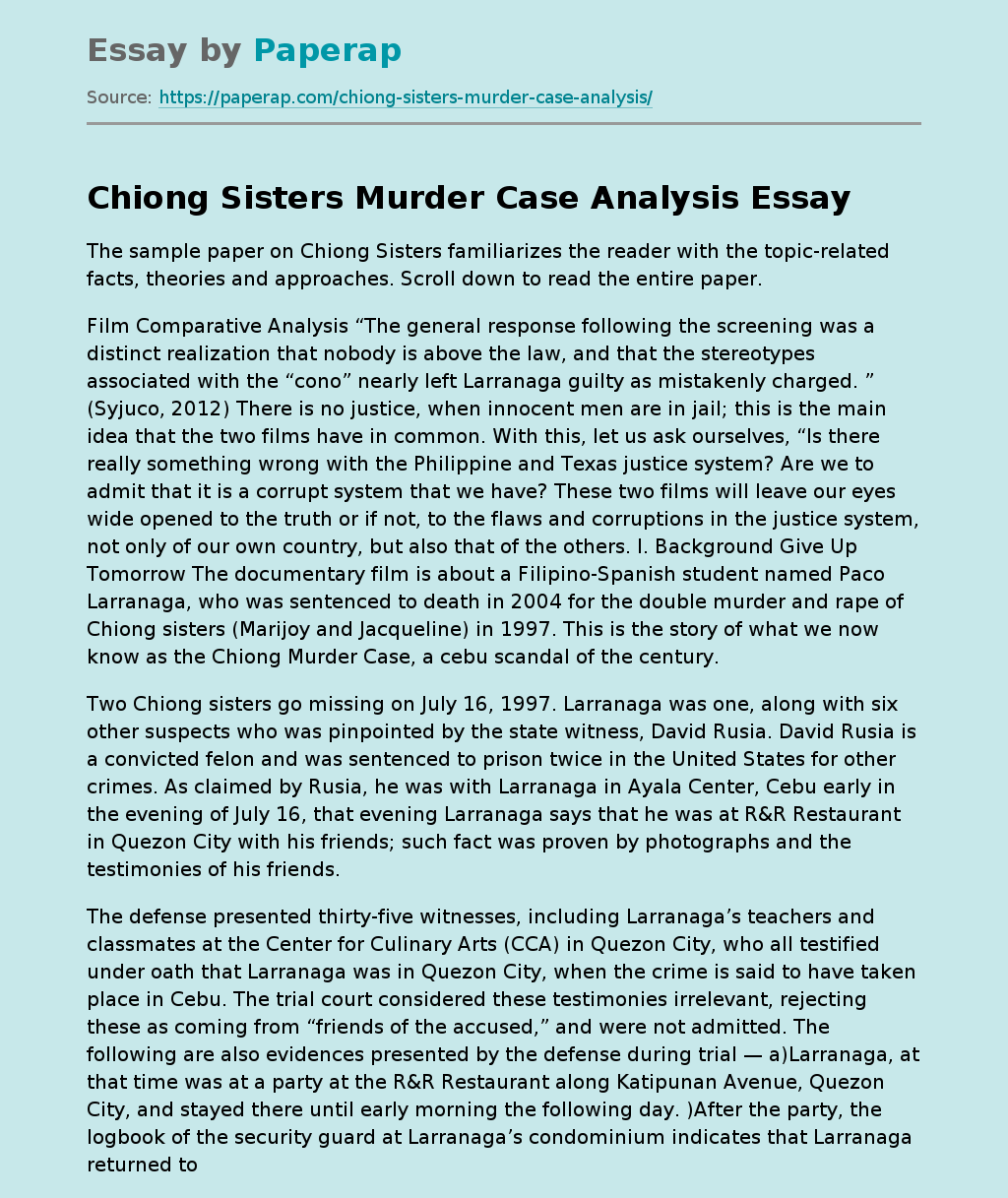 Chiong Sisters Murder Case Analysis