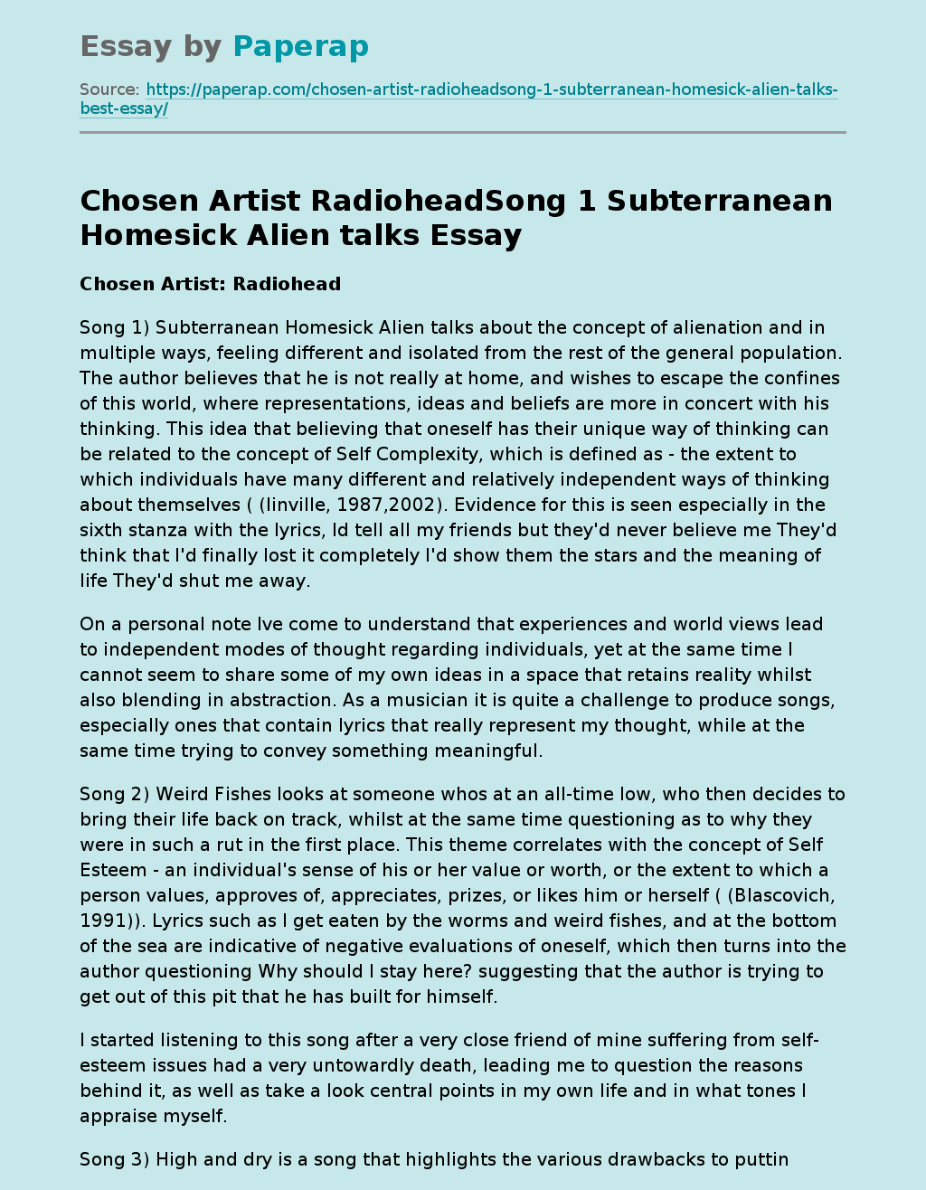 Chosen Artist RadioheadSong 1 Subterranean Homesick Alien talks