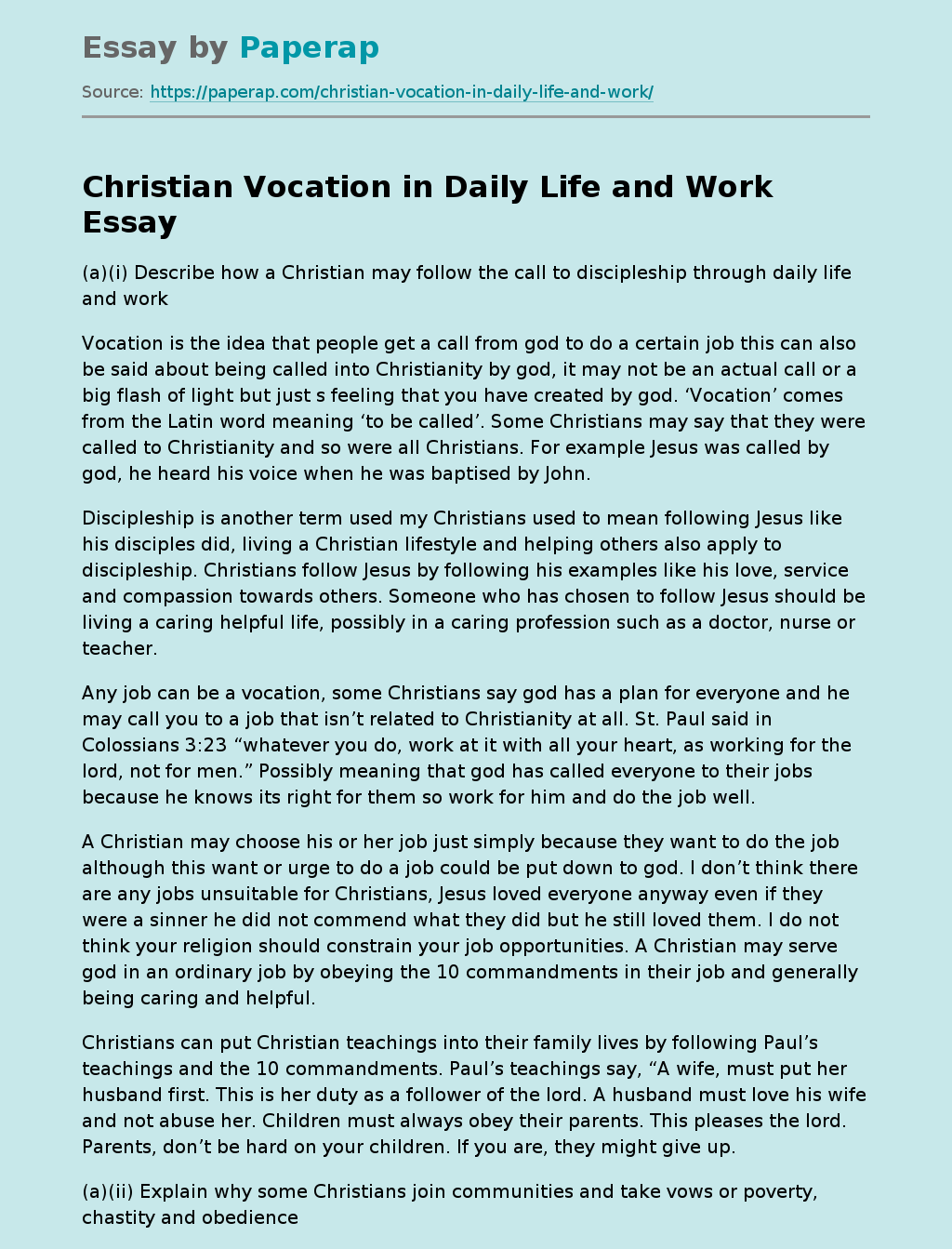 Christian Vocation in Daily Life and Work
