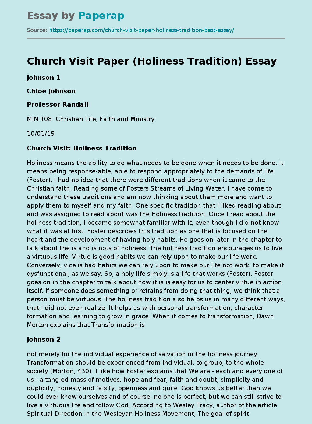 Church Visit Paper (Holiness Tradition)