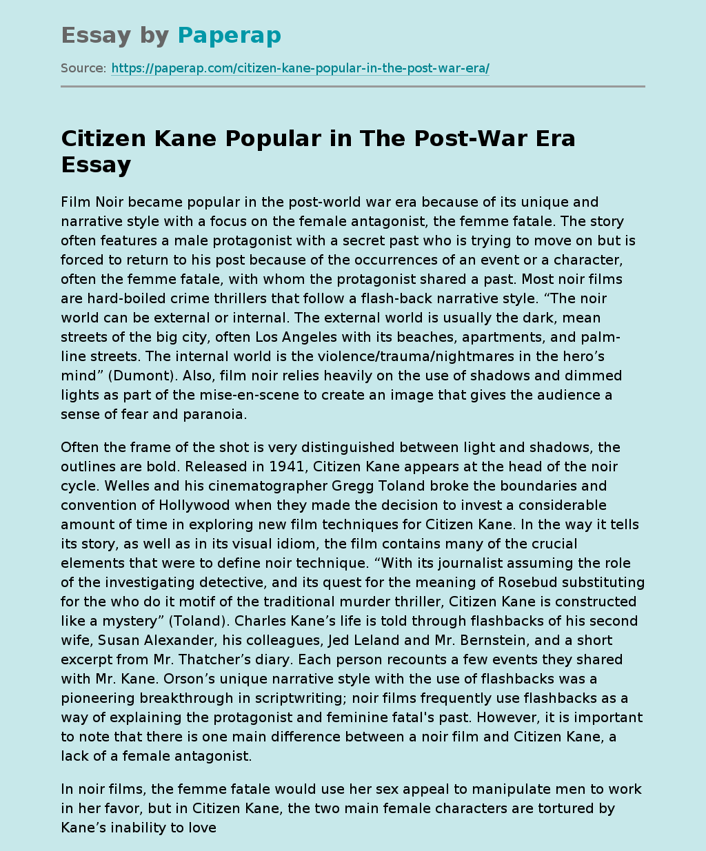Citizen Kane Popular in The Post-War Era