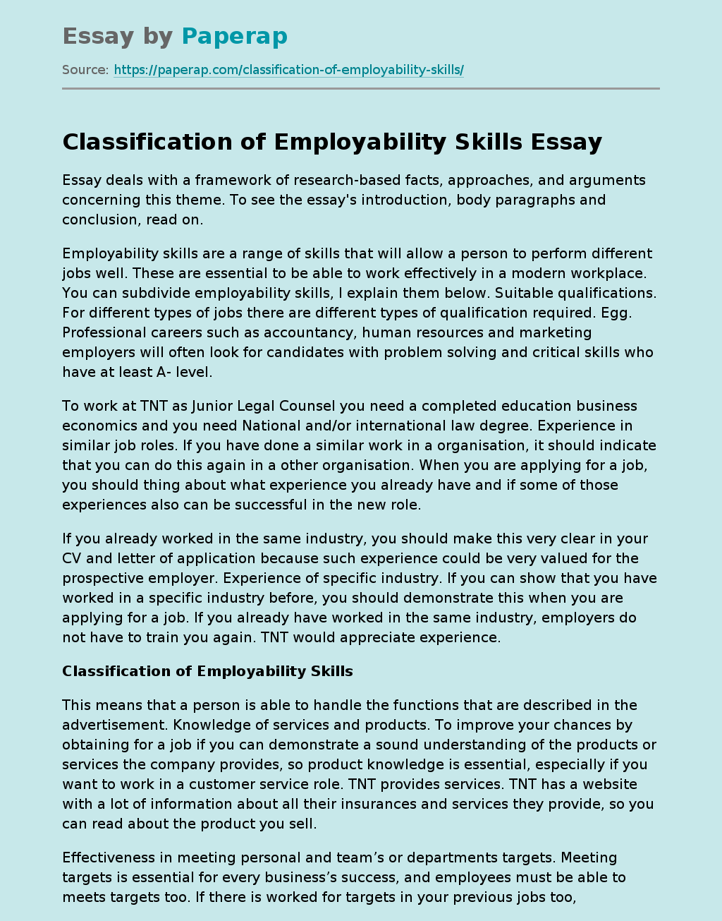 Classification of Employability Skills