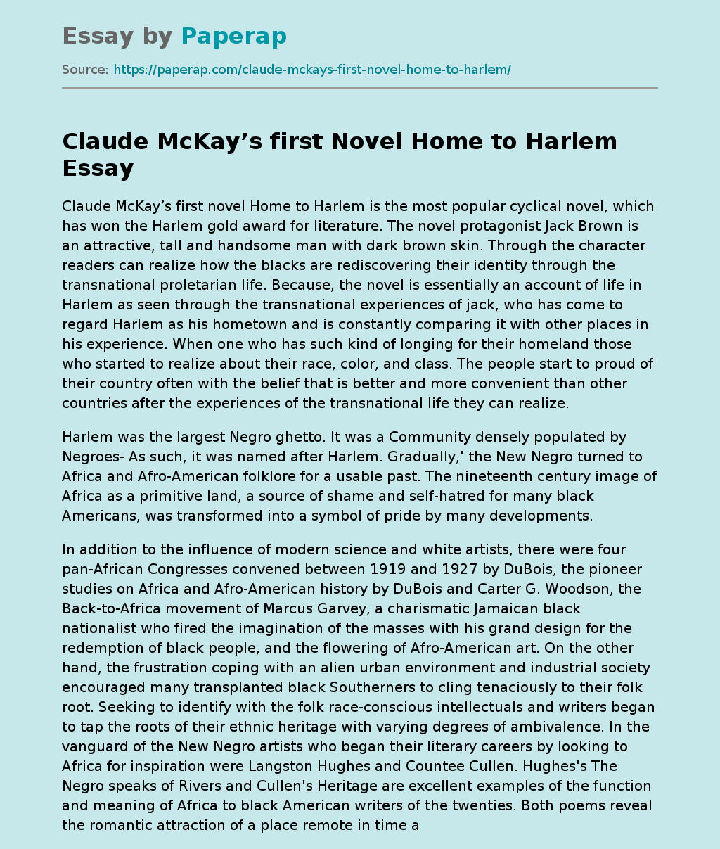 Claude McKay’s first Novel Home to Harlem