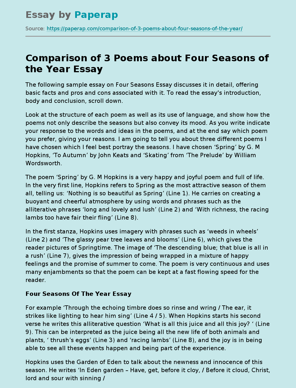 Comparison of 3 Poems about Four Seasons of the Year