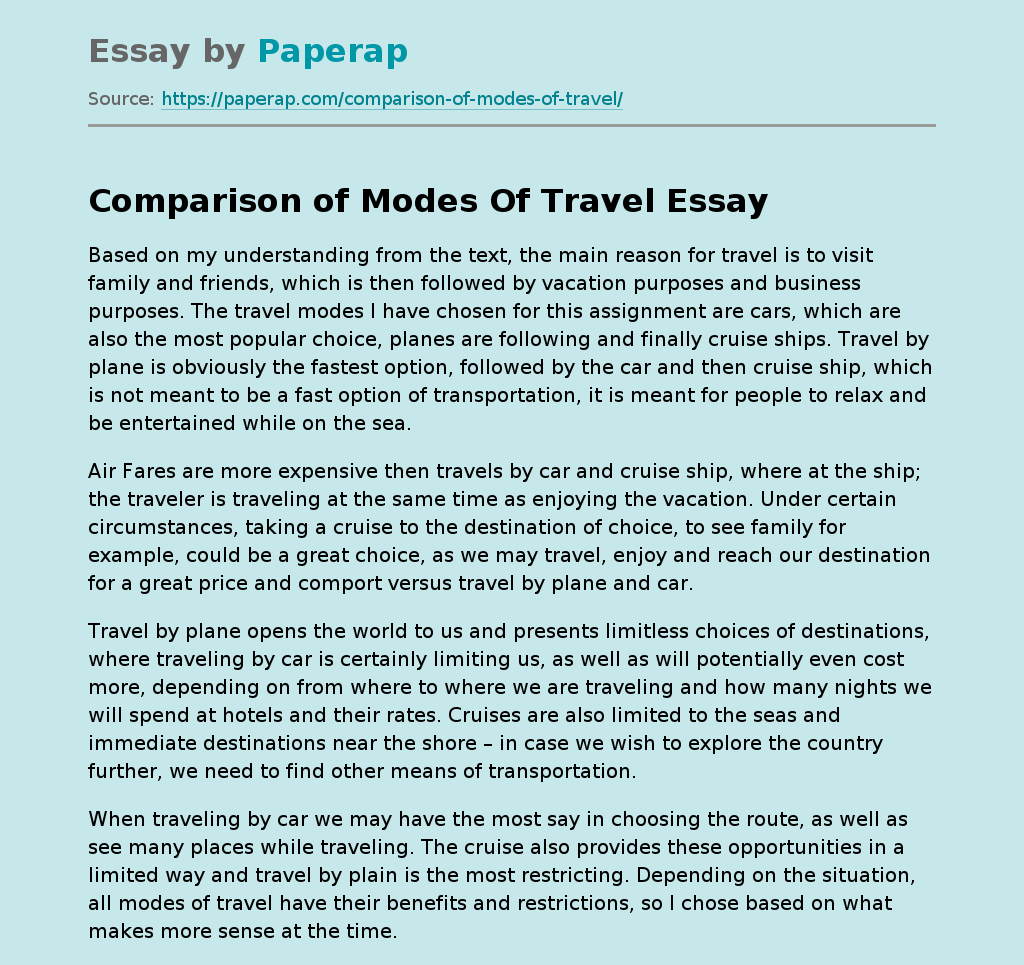 Comparison of Modes Of Travel