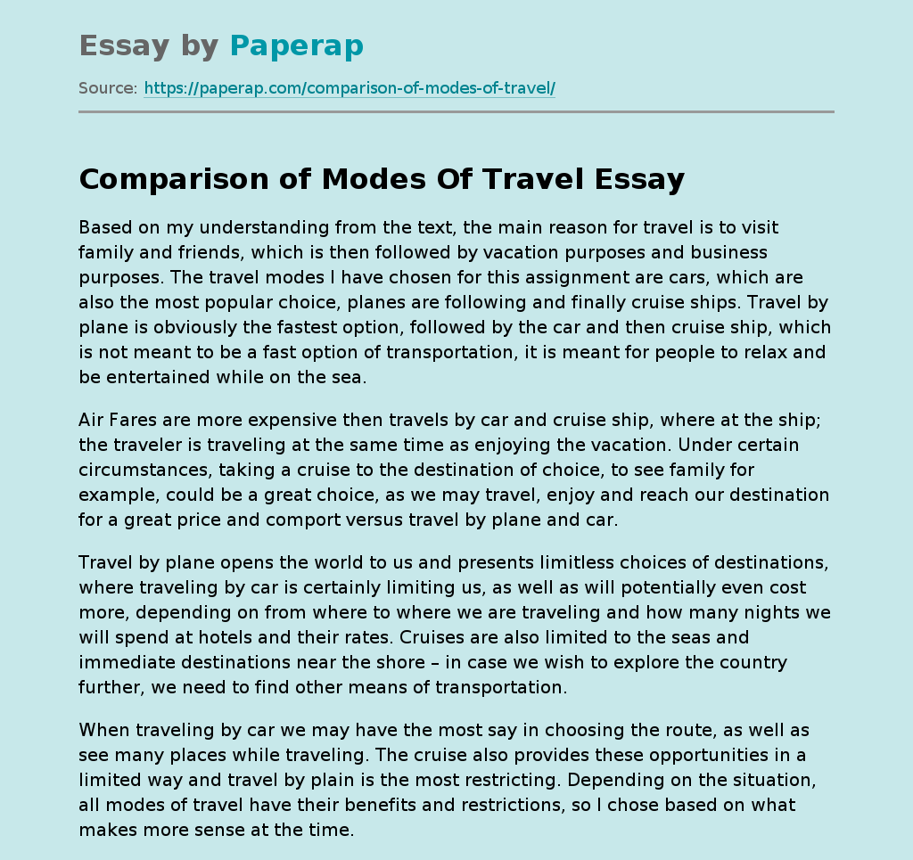 Comparison Of Modes Of Travel Free Essay Example