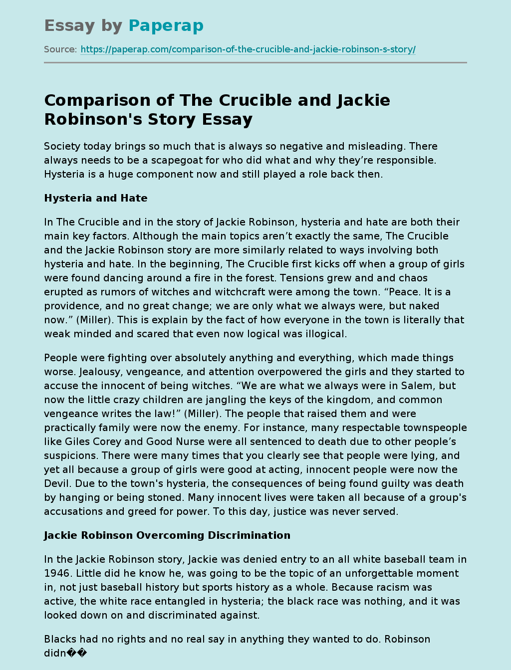 Comparison of The Crucible and Jackie Robinson's Story