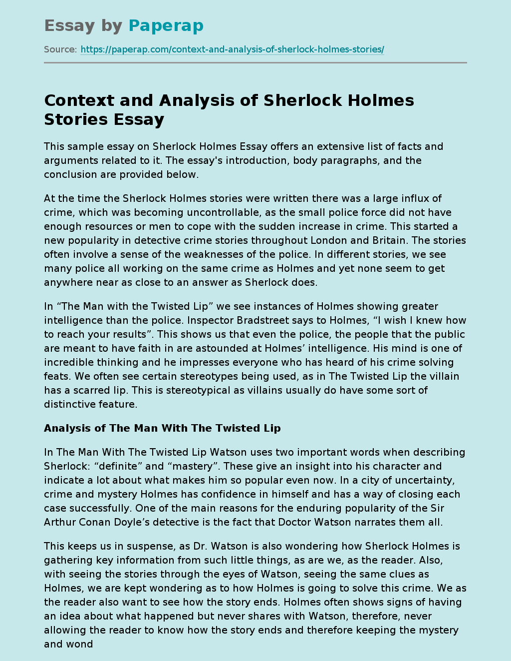 Context and Analysis of Sherlock Holmes Stories