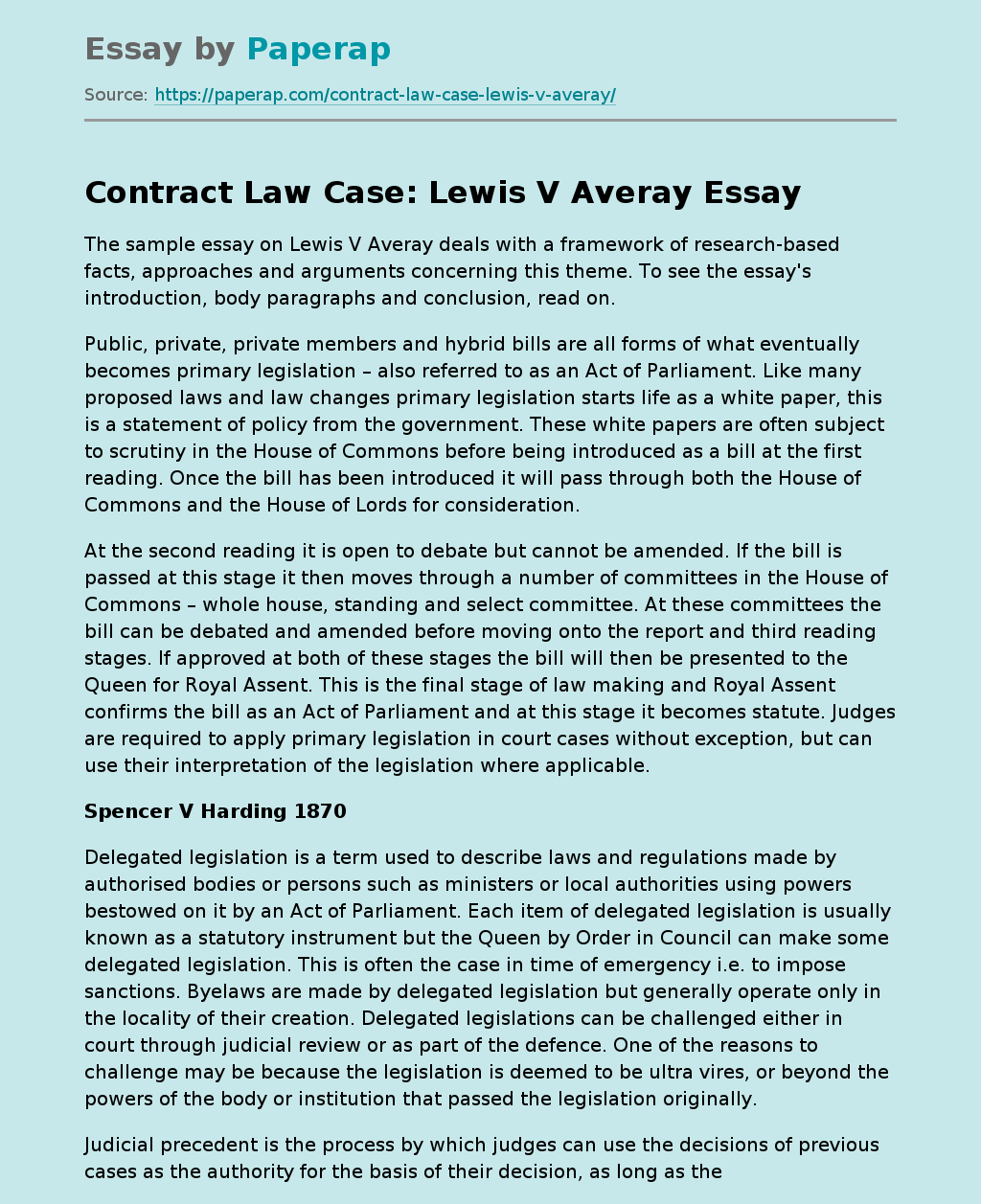 Contract Law Case: Lewis V Averay