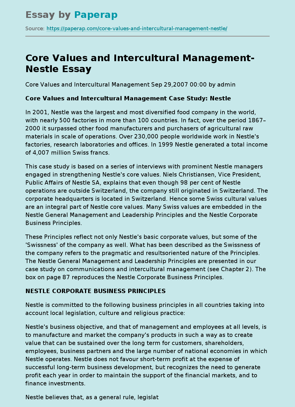 Core Values and Intercultural Management-Nestle
