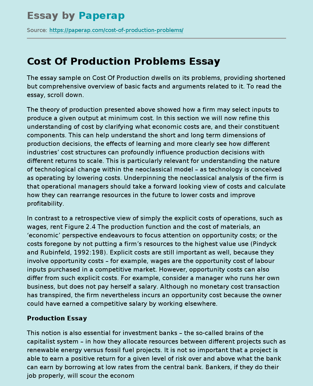 Cost Of Production Problems