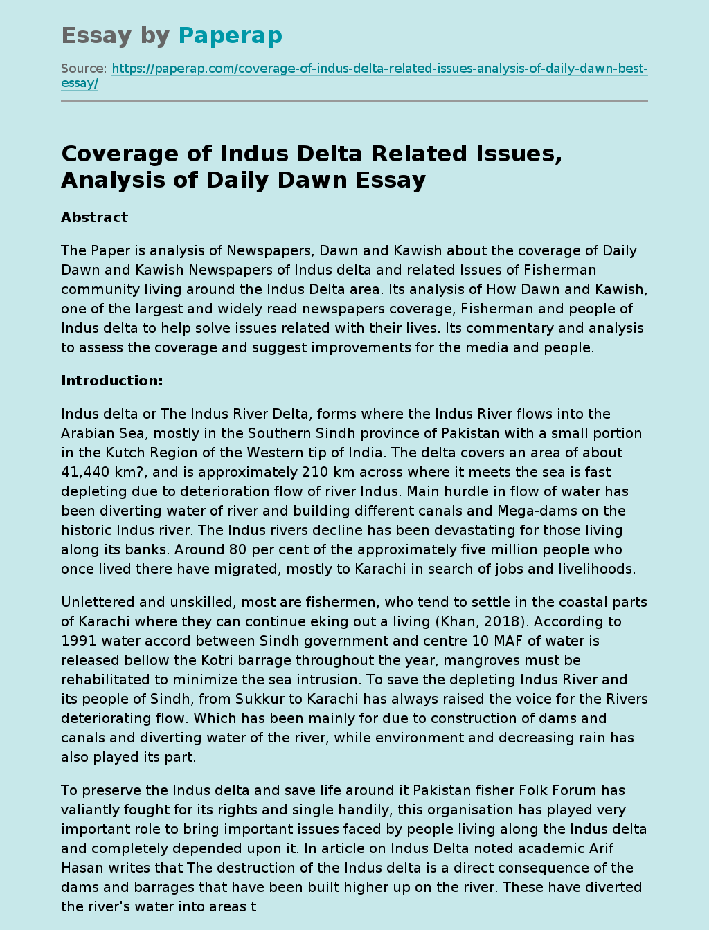 Coverage of Indus Delta Related Issues, Analysis of Daily Dawn