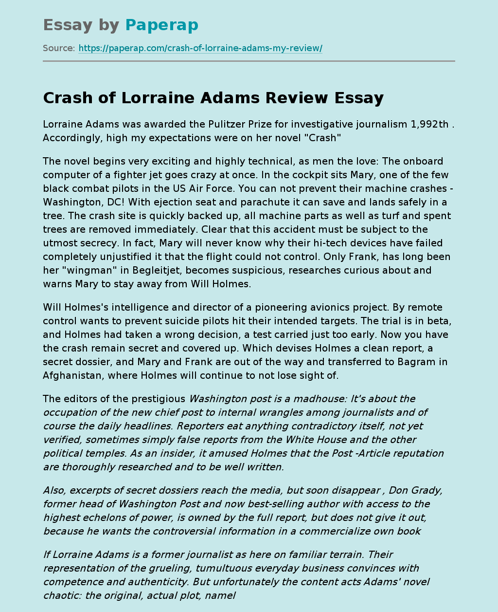 Crash of Lorraine Adams Review